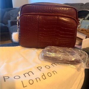 Pom Pom London Croc-Embossed Burgundy Crossbody Bag. Full grain embossed leather